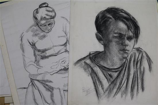 A folio of charcoal figure studies by Wyn Casbolt and Pascal de Souza, portrait of a boy 50 x 32cm, unframed